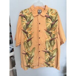 Tommy Bahama Men Button Up Shirt Size Large Orange Floral Short Sleeve 100% Silk